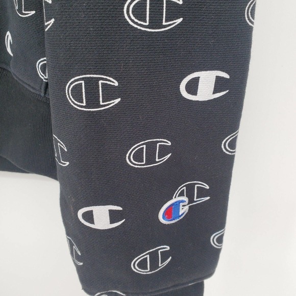 Champion Reverse Weave Hoodie Men's Small Black All Over Logo Side Stretch Flaw - Picture 6 of 14